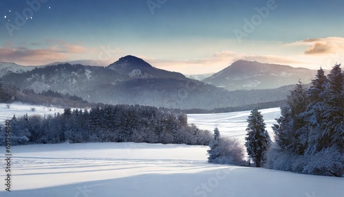 Winter solstice with a snowy forest and mountains in the background © Brian