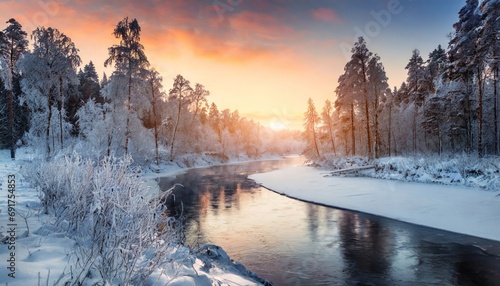 Generated image of a winter sunset over the river flowing through a snowy forest photo