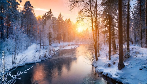Generated image of a winter sunset over the river flowing through a snowy forest © Brian