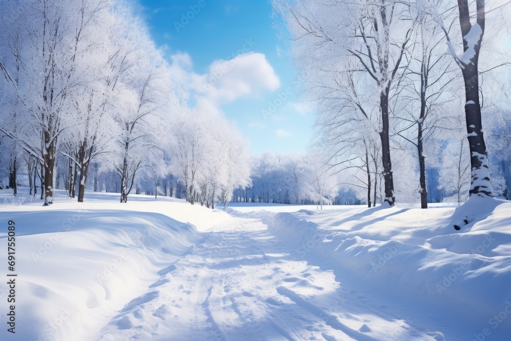 Fototapeta premium White winter scene. Trees covered with snow. Beautiful landscape. AI Generated