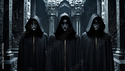 Sect members dressed in black robes inside a black temple, with masks on their faces. - Generative AI	