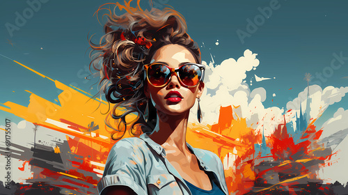 Girl in sunglasses, bright image in graffiti style.