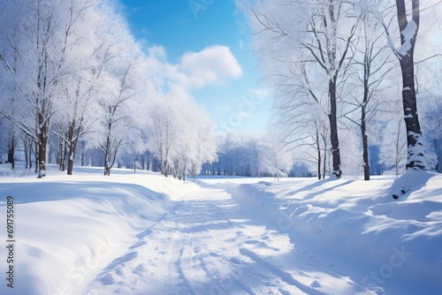 White winter scene. Trees covered with snow. Beautiful landscape. AI Generated © EarthWalker
