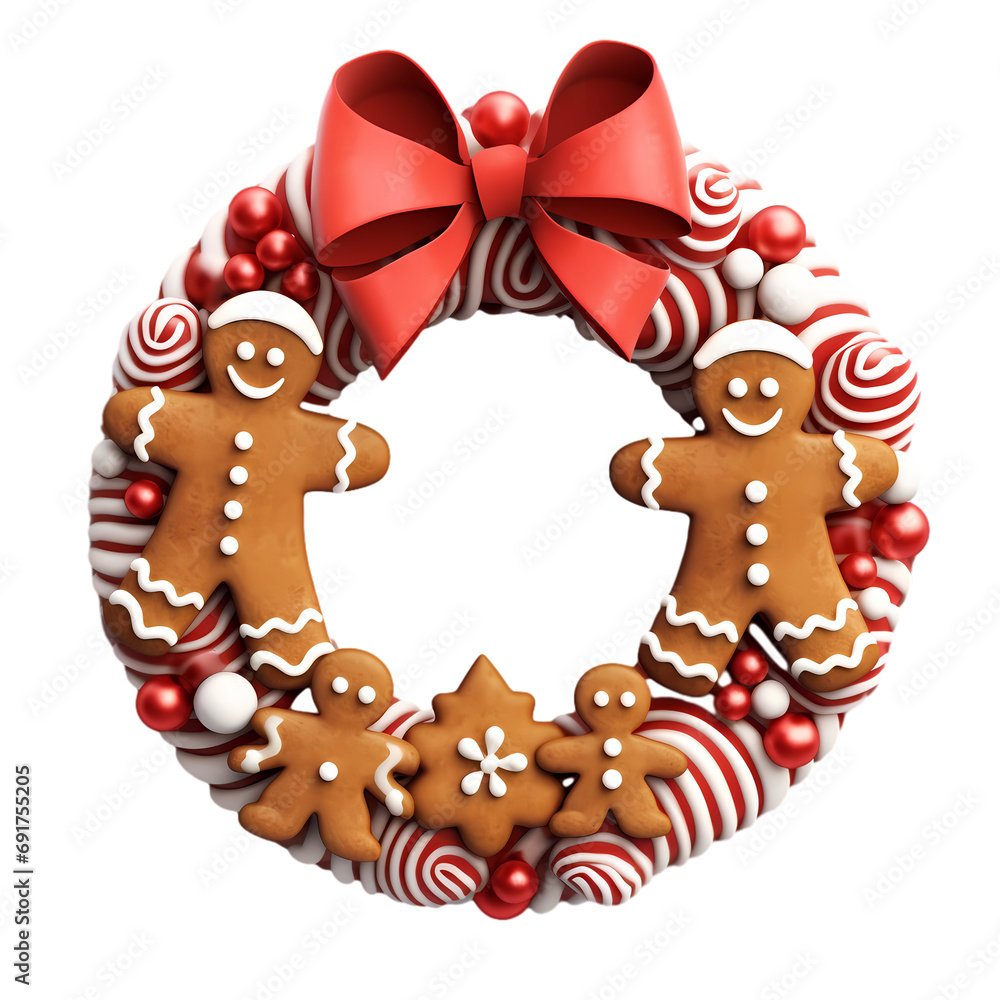 Gingerbread Christmas wreath isolated on transparent background