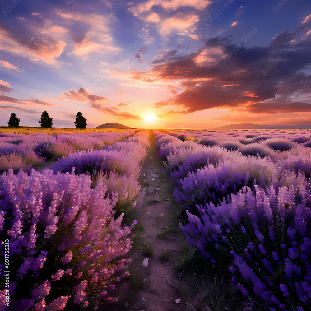 Naklejka premium Pathway through a lavender field in full bloom