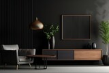 Modern luxury living room interior background, living room interior mockup, interior with black walls, dark interior of living room with black wall, chair and wooden console. Generative AI 
