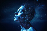 Double-exposure portrait of a man with stars and galaxies