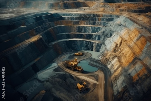 mining at a height. industrial terraces on a mineral mine with an open pit. opencast mining as seen from above. Exploration of a dolomite mine. extractive sector. massive excavator, Generative AI  photo
