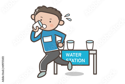 マラソン大会で給水所で水を飲む男性のイラスト