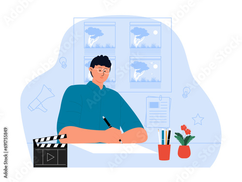 Scriptwriter is writing the script. Film industry illustration.