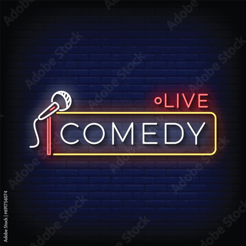 Neon Sign comedy live with brick wall background vector