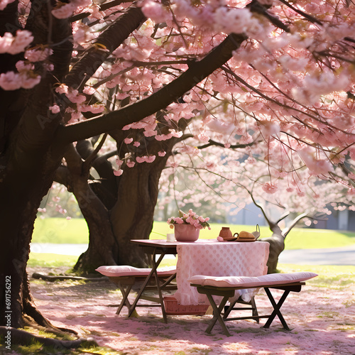 A serene picnic spot under the shade of blossoming cherry trees