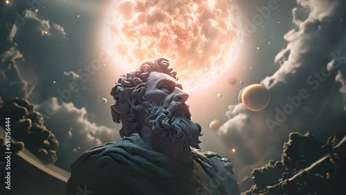 Statue of a philosopher gazing at the cosmos, symbolizing scientific thought, ideas, rationality, philosophy and astronomy. Epic scene with the sun exploding behind the Greek sculpture photo