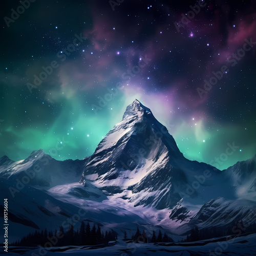 A snowy mountain peak under a spectacular display of the northern lights