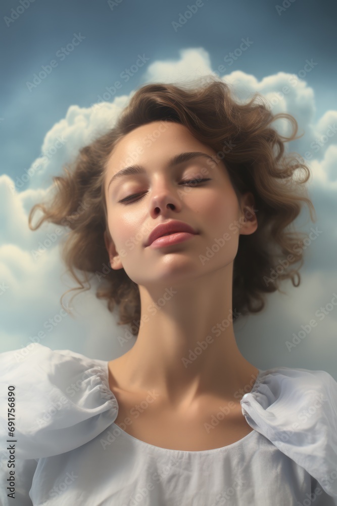 Beautiful young woman as angel sleeping on white clouds in heaven. AI Generated Beautiful young woman as angel sleeping on white clouds in heaven. AI Generated