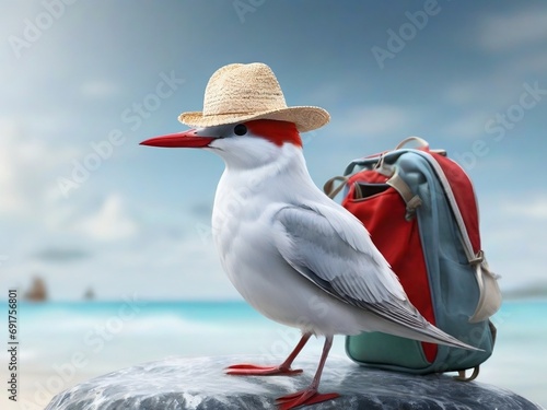 Arctic tern with a hat and backpack, embodying World Migratory Bird Day, showcases avian vacation vibes in stylish art. The bird is ready for the journey to it's vacation on migratory bird days. photo