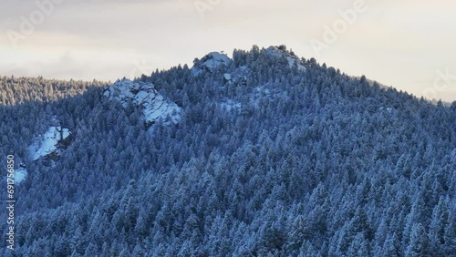 Colorado Christmas Rocky Mountains shaded cool blue golden hour below freezing frosted first snow forest Evergreen Morrison Denver Mount Blue Sky Evans cinematic aerial drone circle left motion photo