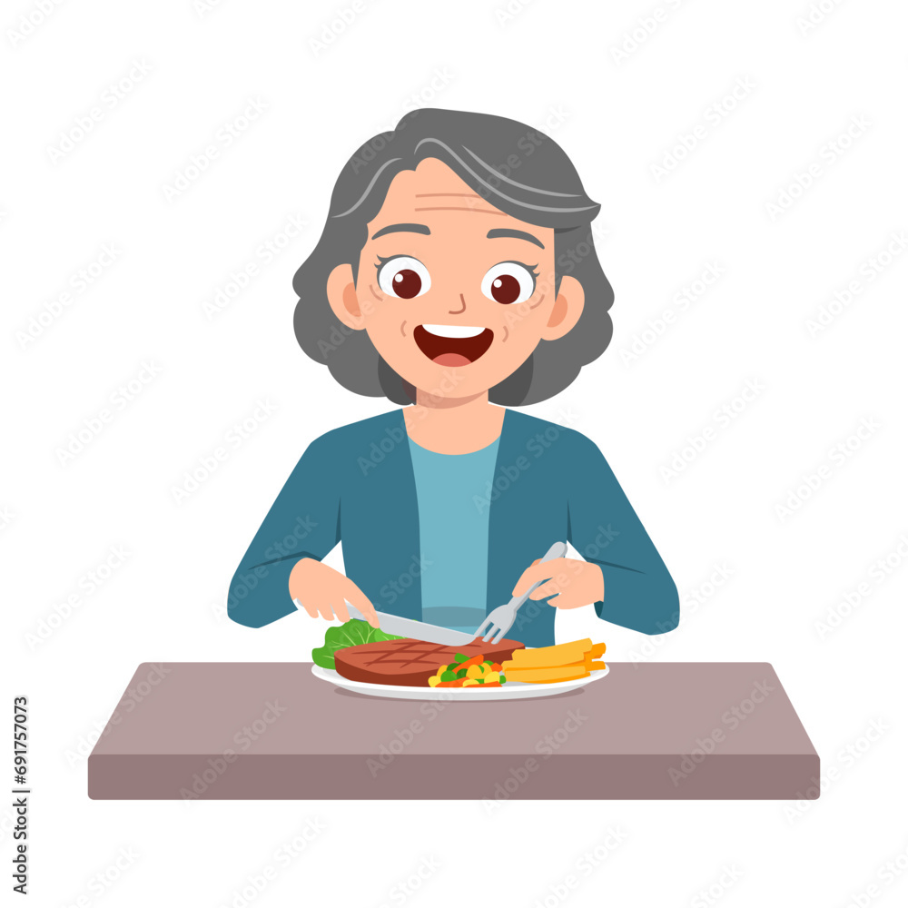 old elderly eating meat steak and feel happy old elderly eating meat steak and feel happy