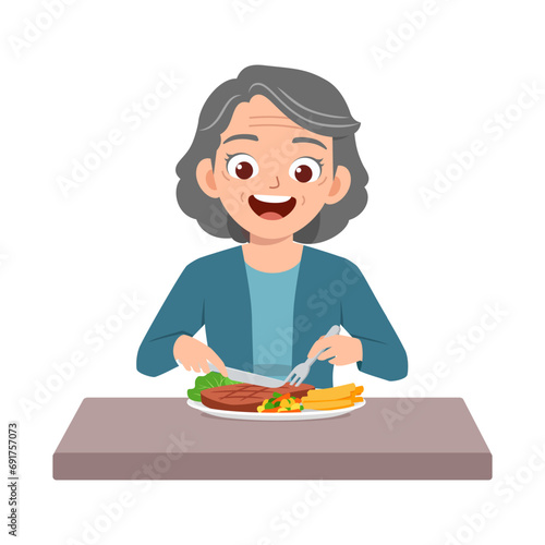 old elderly eating meat steak and feel happy