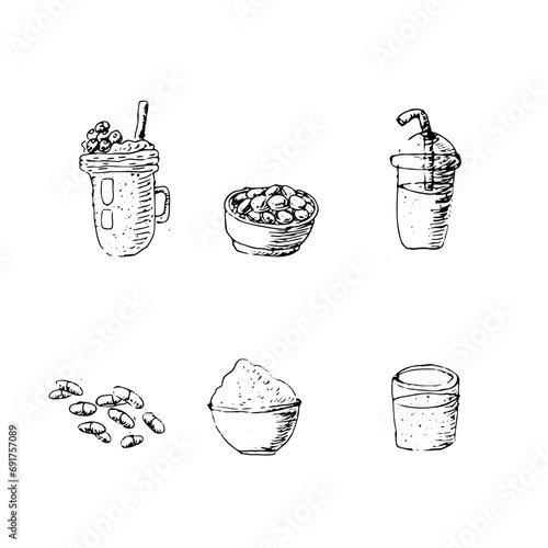 outline sketch of Spirulina, seaweed healthy product. Set of vector illustrations smooty, tablet, pills, powder, green beverage with spirulina powder. Can used for menu background, outline icons.  photo