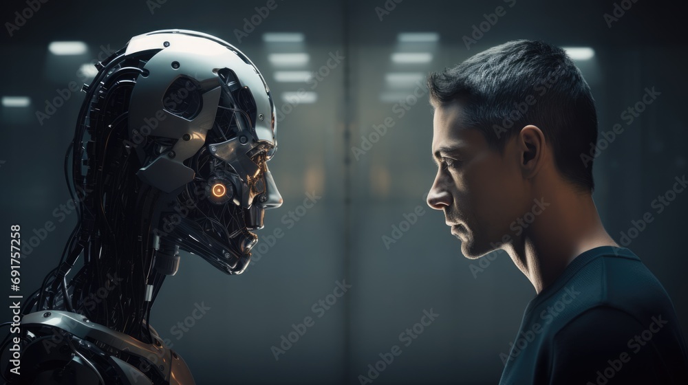 AI robot android and a male human stare at each other. Communication conflict concept. AI Generated AI robot android and a male human stare at each other. Communication conflict concept. AI Generated