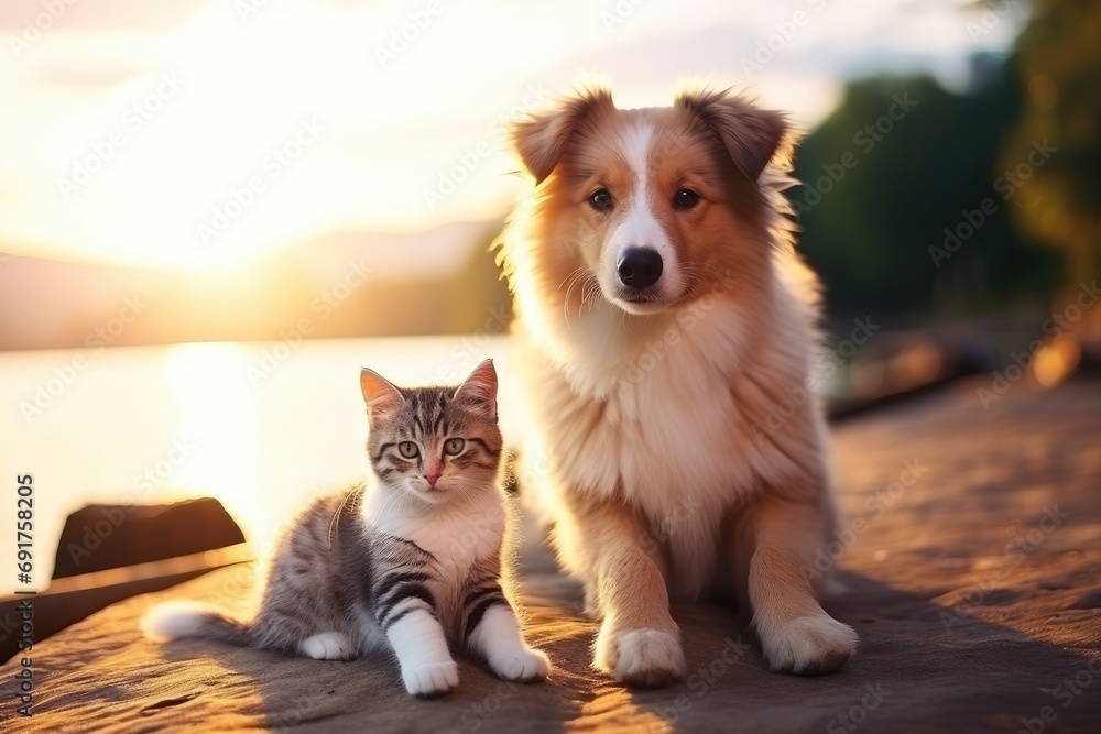 Cute kitty and puppy cudgeling together isolated .generative AI