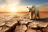 Conceptual image featuring a polar bear in a setting related to global warming. Generative AI
