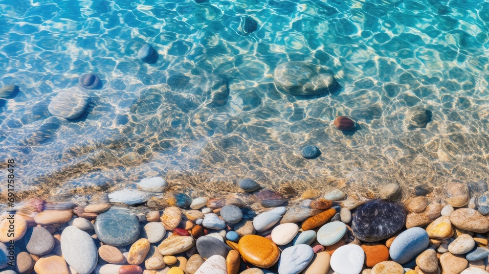 Colorful rocks and pebbles under clear blue water Colorful rocks and pebbles under clear blue water