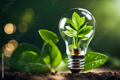 Lightbulb with sprout within, ecological and energy theme, with backdrop blur photo