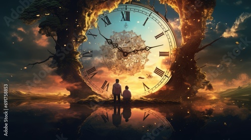 Concept of time passing. Apocalyptical image of two people looking at the clock. Ai generated photo