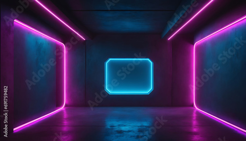 Modern Futuristic Sci Fi Concept Club Background Grunge Concrete Empty Dark Room With Neon Glowing Purple And Blue Pink Neon Lights 3D Rendering