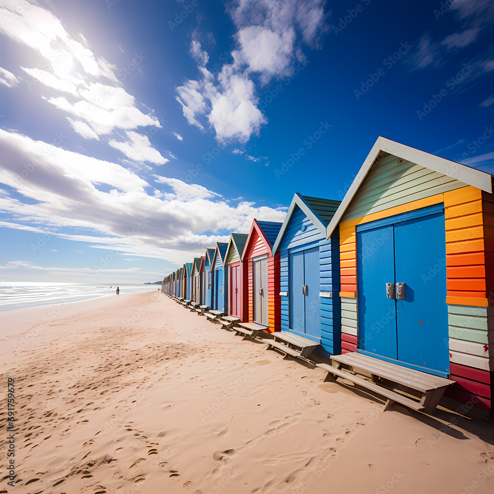 Colorful beach huts against a backdrop of clear skies