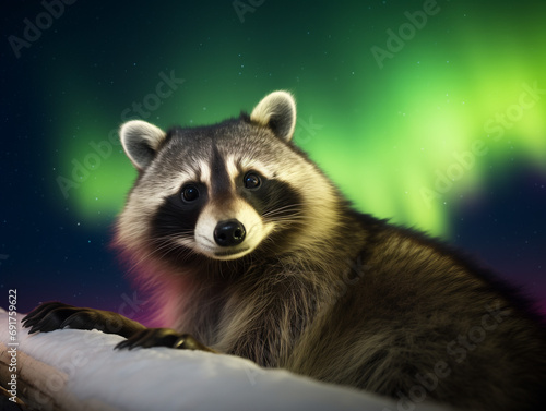A Photo of a Raccoon at Night Under the Aurora Borealis