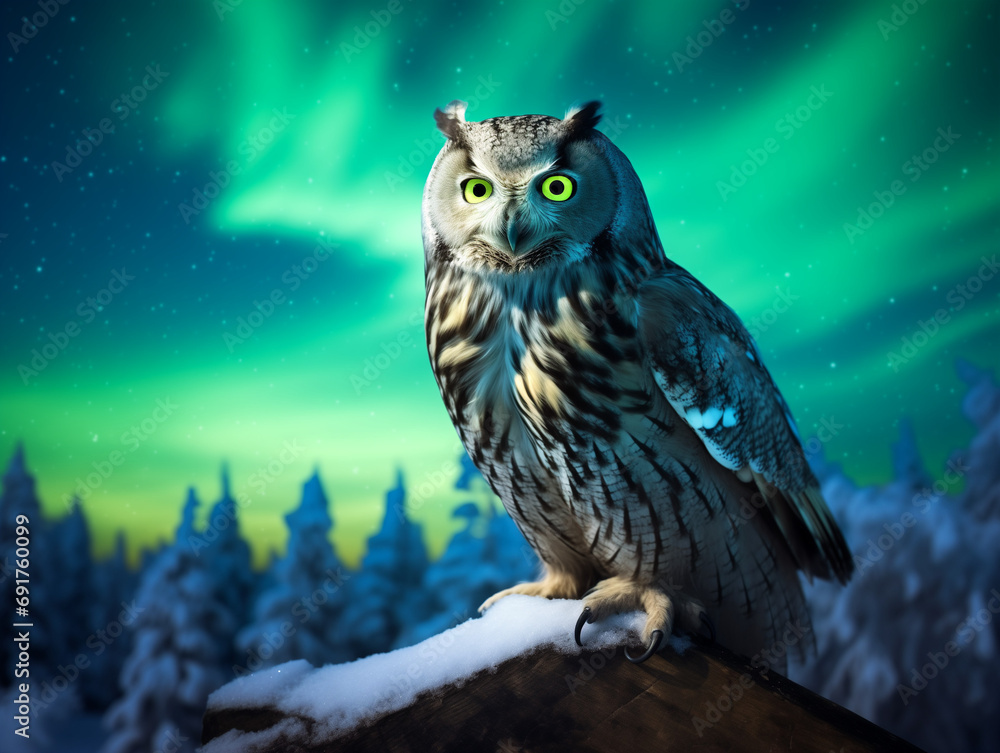 A Photo of an Owl at Night Under the Aurora Borealis A Photo of an Owl at Night Under the Aurora Borealis