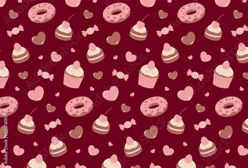 valentine seamless pattern with sweet desserts and hearts for banners, cards, flyers, social media wallpapers, etc.