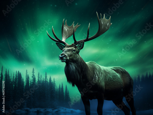 A Photo of an Elk at Night Under the Aurora Borealis