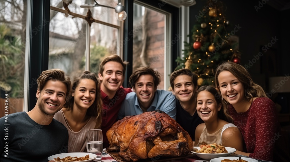 young friends gather around a holiday turkey, their faces lit with cheerful smiles, Christmas tree adds a festive touch to the homely scene, warmth of friendship and the holiday season,