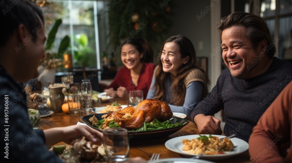 Asian family enjoys a hearty laugh around a dinner table, with a succulent roasted turkey in the center, symbolizing a joyful family meal, warmth and happiness of the occasion. 
