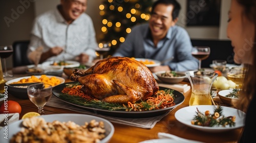 heartwarming scene of an Asian family enjoying a Christmas dinner  laughing and sharing a golden-brown turkey on the table  warm glow of the Christmas lights and the decorations inviting atmosphere