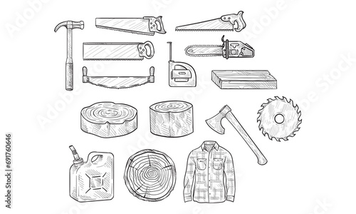 lumberjack tools handdrawn collection