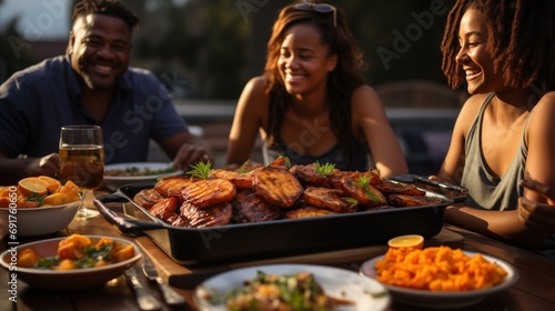 Black friends or family shares laughter and good times around a table with grilled meats and side dishes in an outdoor setting. The setting sun casts a warm  golden hue over the scene  