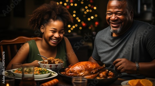 A Black father and daughter share a hearty laugh at a decorated table with a large roasted turkey  genuine joy and family bonding. twinkling Christmas lights enhance the holiday spirit