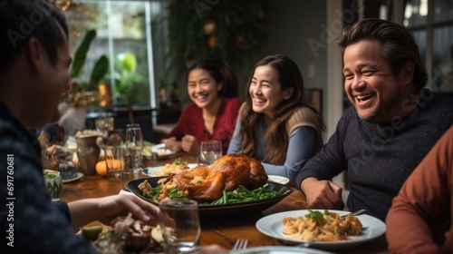 Asian family enjoys a hearty laugh around a dinner table, with a succulent roasted turkey in the center, symbolizing a joyful family meal, warmth and happiness of the occasion. 