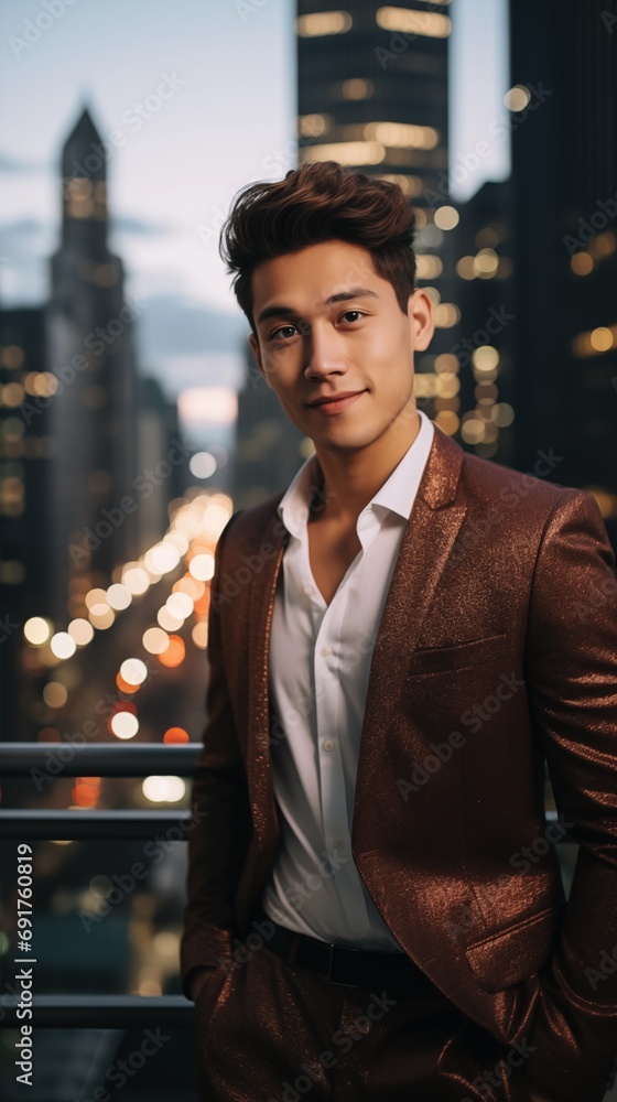 young man with a friendly demeanor, standing on a city balcony. He wears a sparkling brown blazer over a crisp white shirt, presenting a relaxed yet refined style, bustling cityscape at dusk young man with a friendly demeanor, standing on a city balcony. He wears a sparkling brown blazer over a crisp white shirt, presenting a relaxed yet refined style, bustling cityscape at dusk