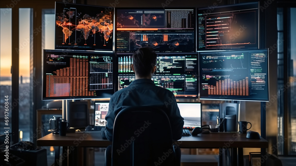 An AI analyzing data on multiple screens An AI analyzing data on multiple screens
