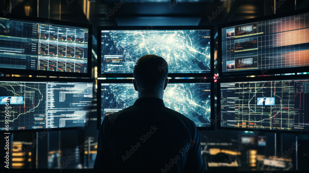 An AI analyzing data on multiple screens An AI analyzing data on multiple screens