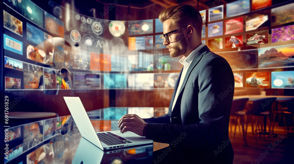 Professional Business Man With Tablet in Data Center Checking Equipment in Operation. Professional Business Man With Tablet in Data Center Checking Equipment in Operation.