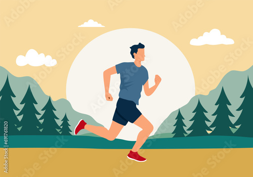 Muscular adult man running or jogging. Workout excercise. Marathon athlete doing sprint outdoor.