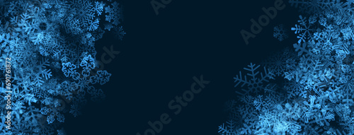 Dark blue winter background with detailed transparent snowflakes.