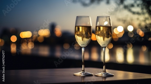 Champagne glasses on table. Romantic atmosphere. Blurred night city background. AI Generated